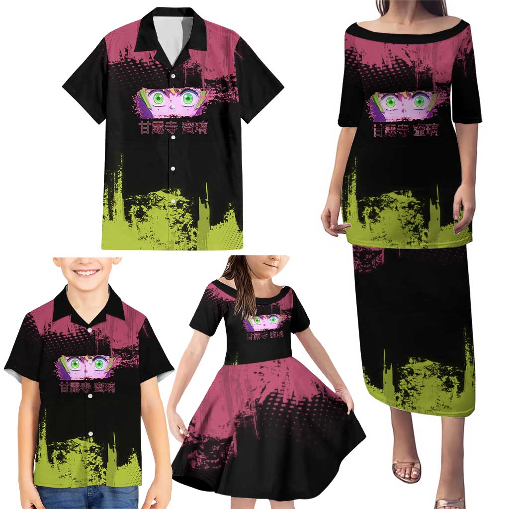 Mitsuri Kanroji Demon Slayer Pink and Green Grunge Design Family Matching Puletasi and Hawaiian Shirt with Heart Eyes and Playful Pose