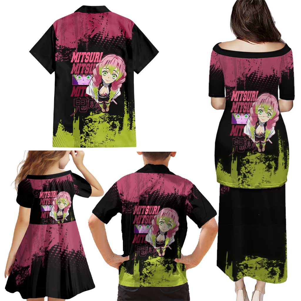 Mitsuri Kanroji Demon Slayer Pink and Green Grunge Design Family Matching Puletasi and Hawaiian Shirt with Heart Eyes and Playful Pose