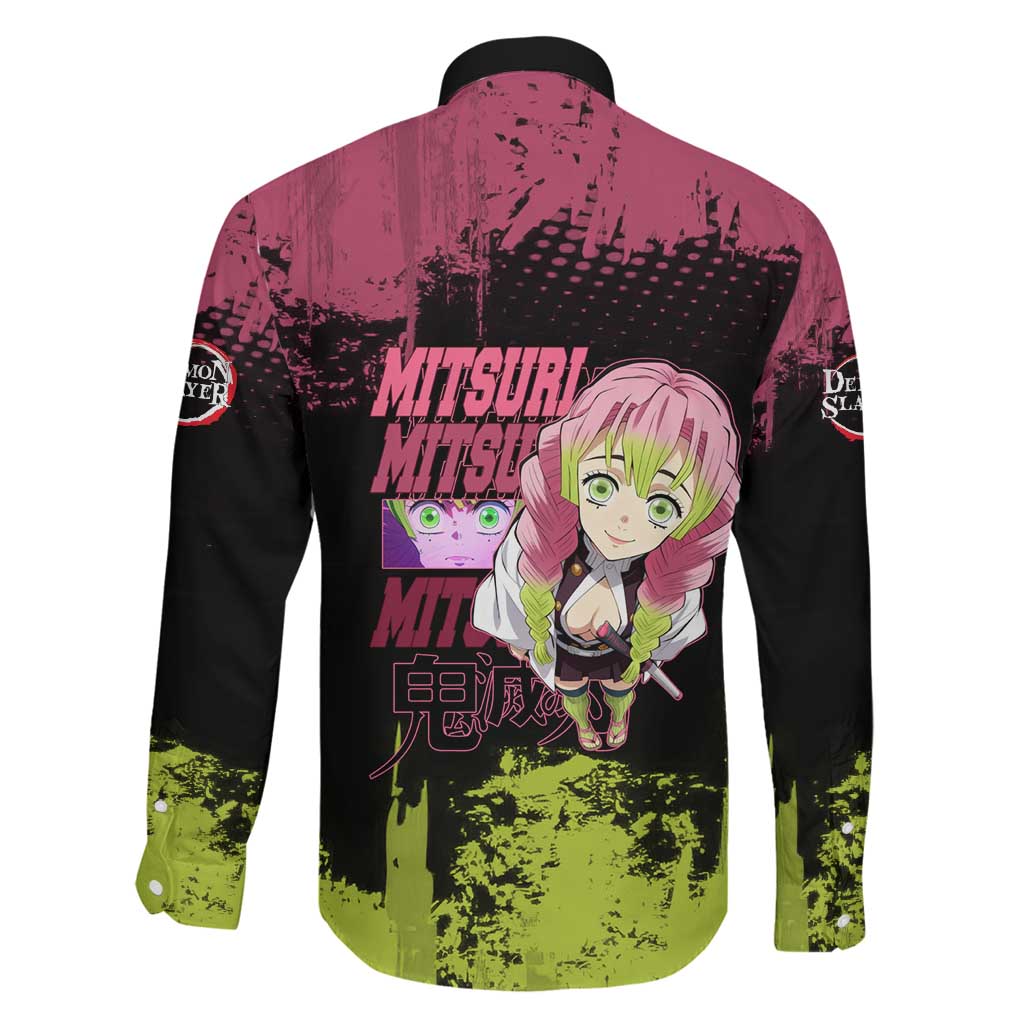 Mitsuri Kanroji Demon Slayer Pink and Green Grunge Design Family Matching Puletasi and Hawaiian Shirt with Heart Eyes and Playful Pose