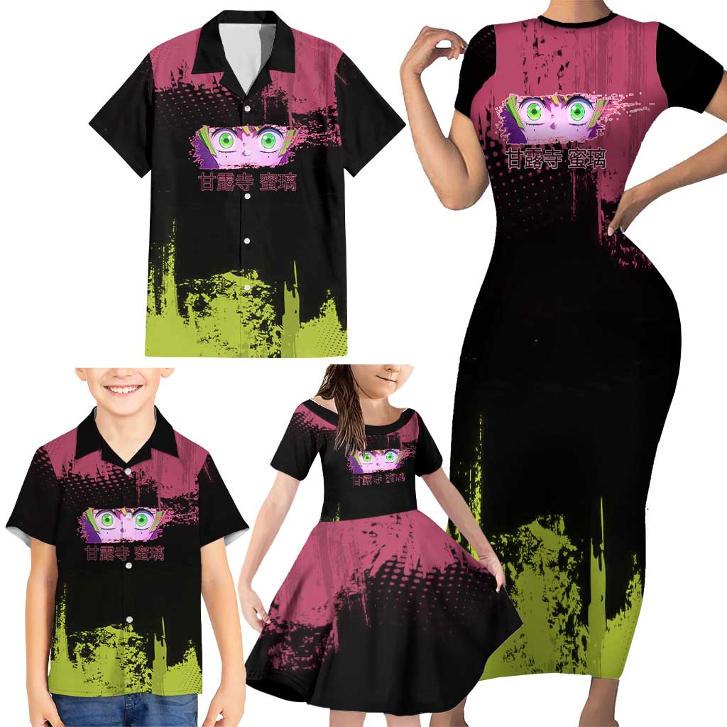 Mitsuri Kanroji Demon Slayer Pink and Green Grunge Design Family Matching Short Sleeve Bodycon Dress and Hawaiian Shirt with Heart Eyes and Playful Pose