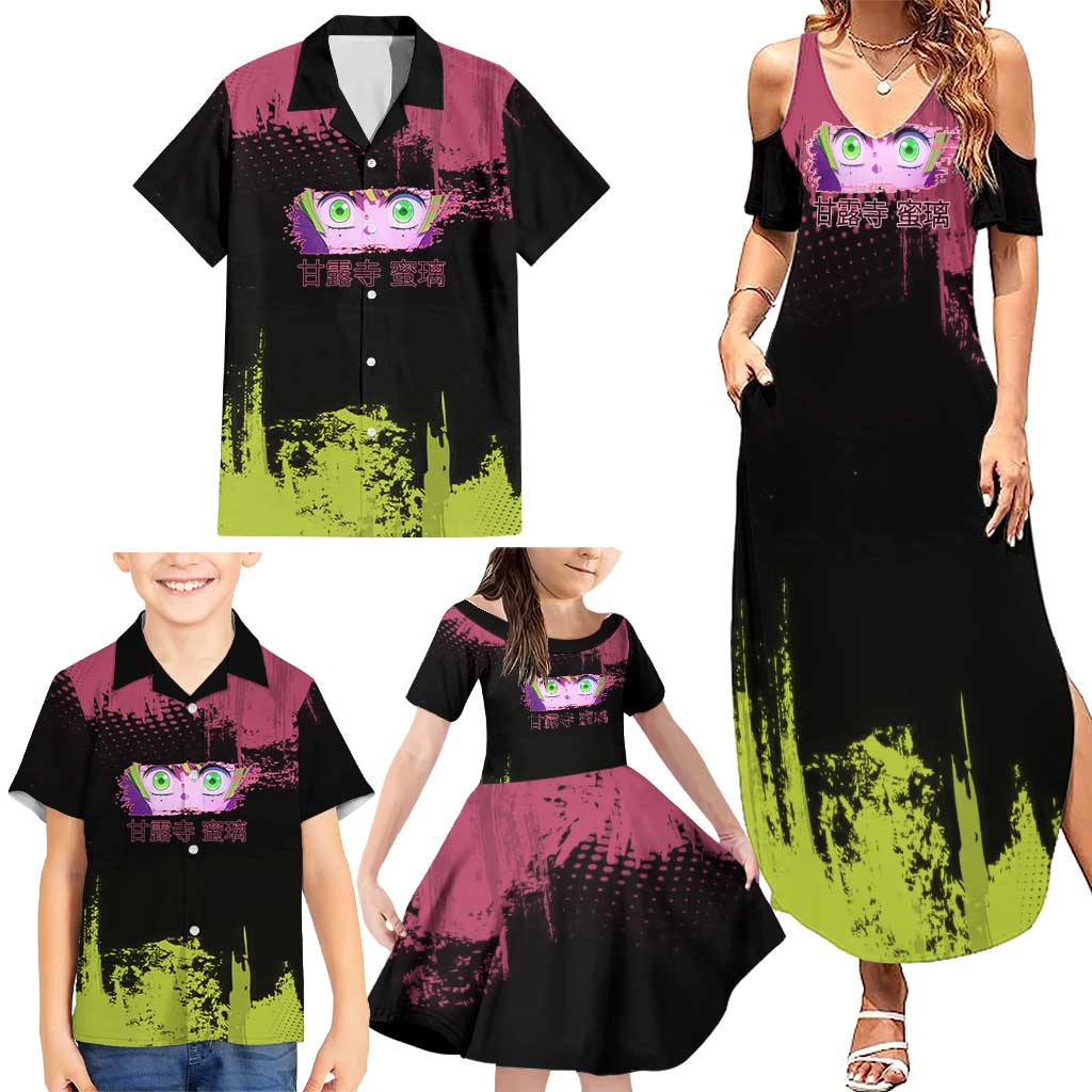 Mitsuri Kanroji Demon Slayer Pink and Green Grunge Design Family Matching Summer Maxi Dress and Hawaiian Shirt with Heart Eyes and Playful Pose