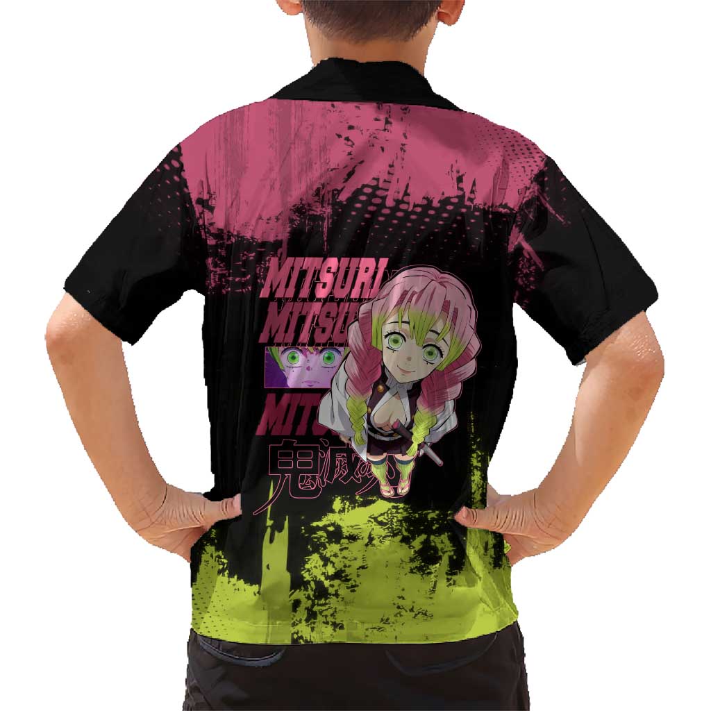 Mitsuri Kanroji Demon Slayer Pink and Green Grunge Design Family Matching Summer Maxi Dress and Hawaiian Shirt with Heart Eyes and Playful Pose