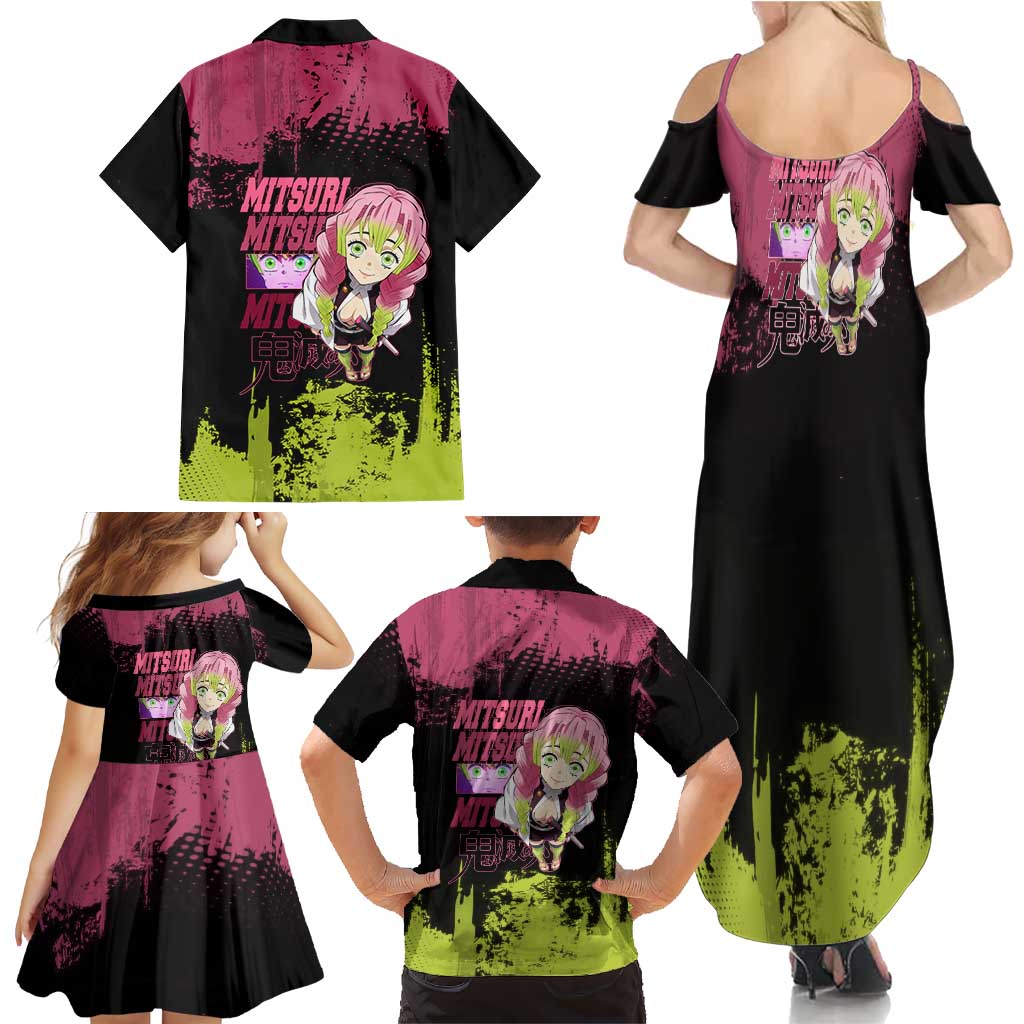 Mitsuri Kanroji Demon Slayer Pink and Green Grunge Design Family Matching Summer Maxi Dress and Hawaiian Shirt with Heart Eyes and Playful Pose