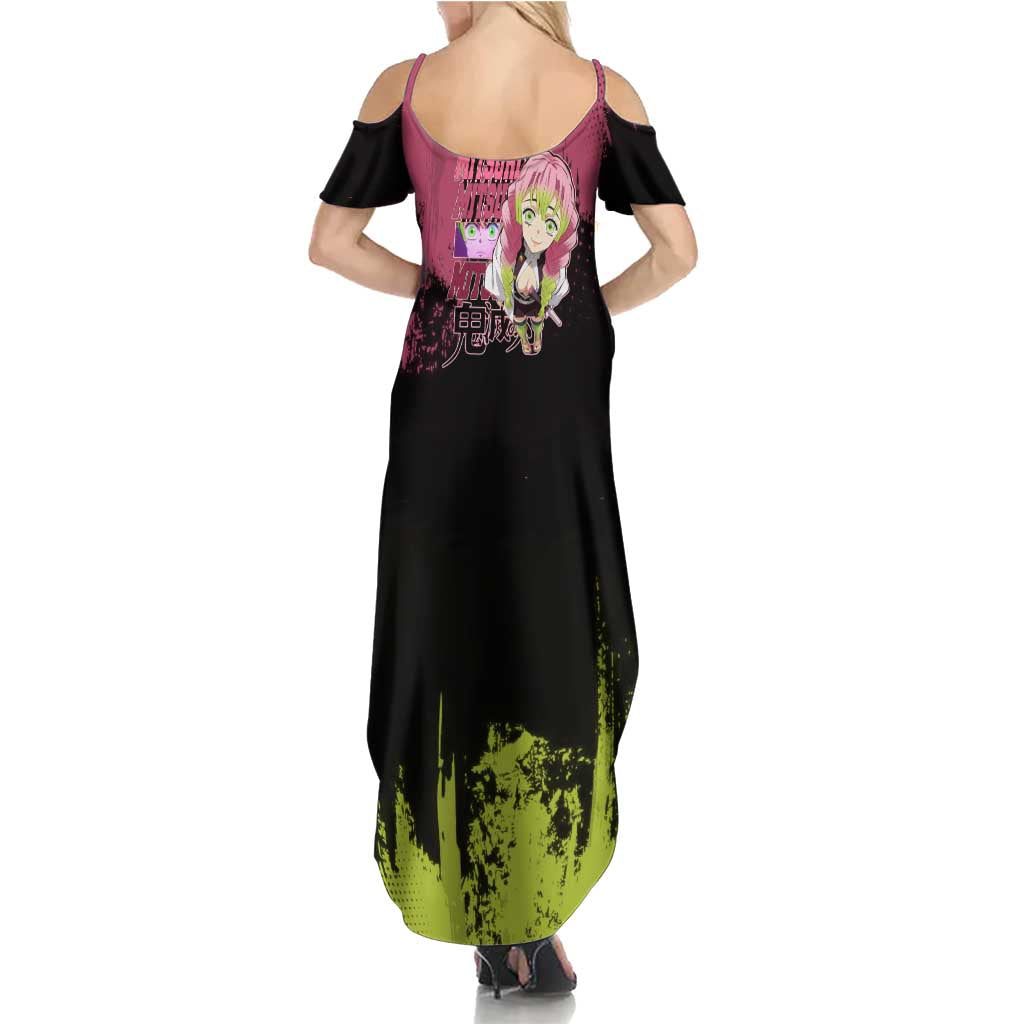 Mitsuri Kanroji Demon Slayer Pink and Green Grunge Design Family Matching Summer Maxi Dress and Hawaiian Shirt with Heart Eyes and Playful Pose
