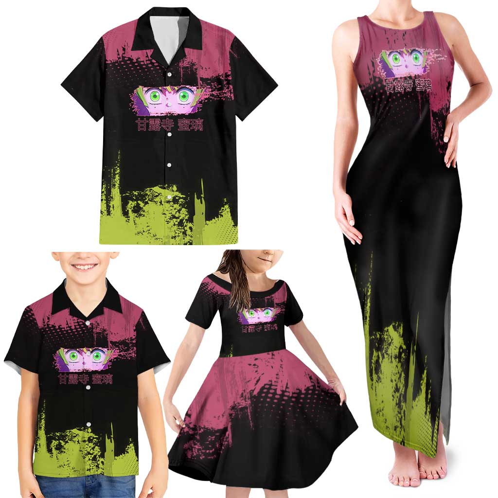 Mitsuri Kanroji Demon Slayer Pink and Green Grunge Design Family Matching Tank Maxi Dress and Hawaiian Shirt with Heart Eyes and Playful Pose