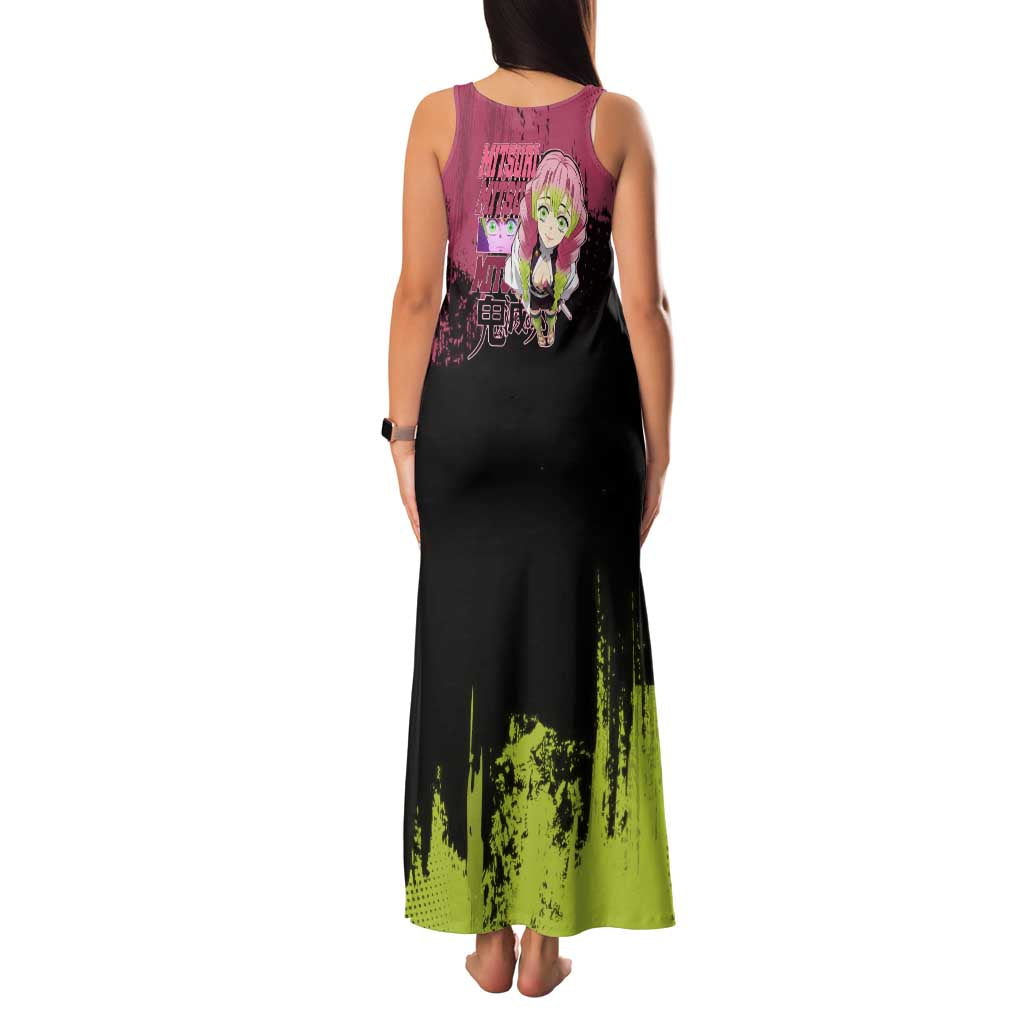 Mitsuri Kanroji Demon Slayer Pink and Green Grunge Design Family Matching Tank Maxi Dress and Hawaiian Shirt with Heart Eyes and Playful Pose