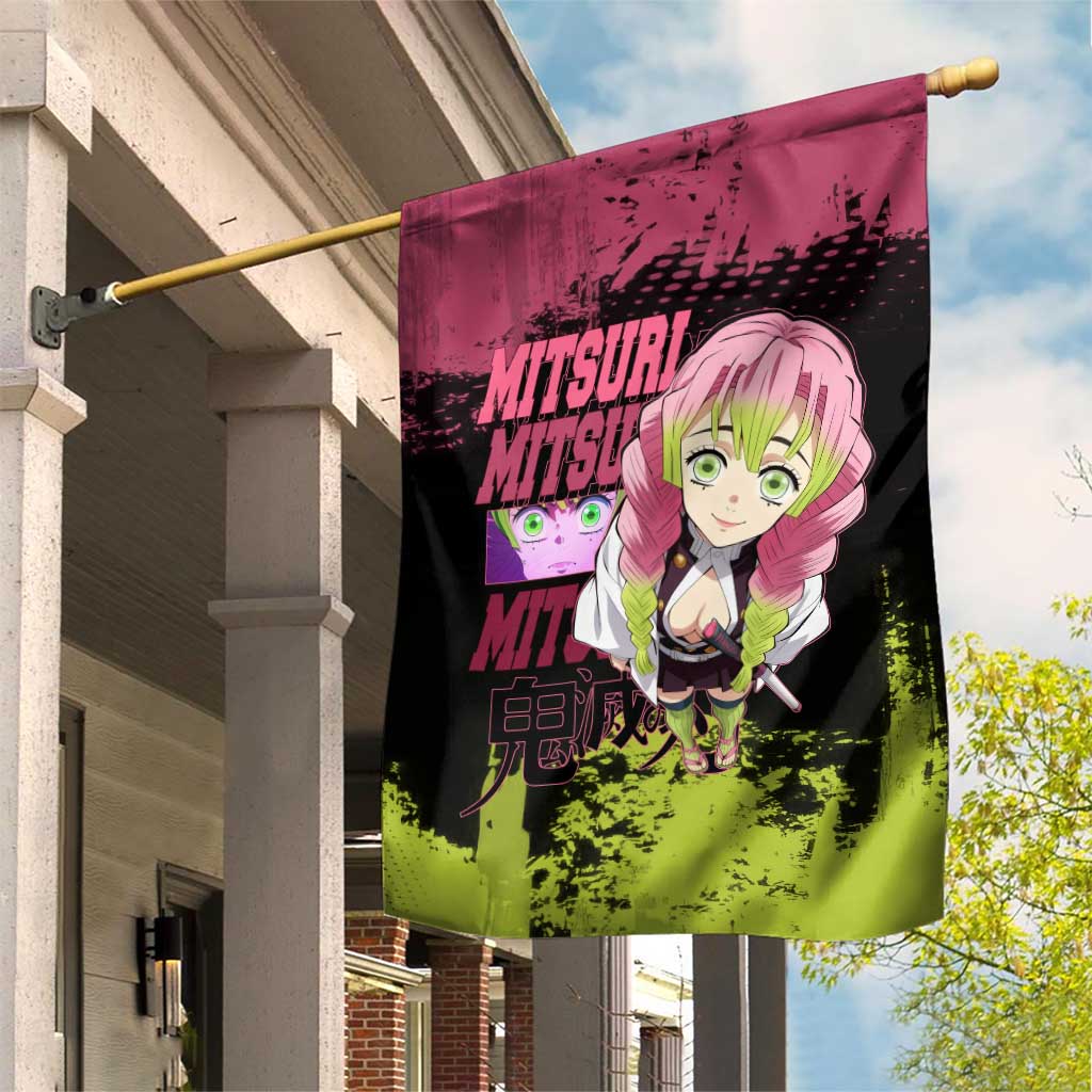Mitsuri Kanroji Demon Slayer Pink and Green Grunge Design Garden Flag with Heart Eyes and Playful Pose - The Mazicc
