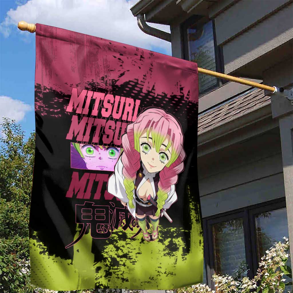 Mitsuri Kanroji Demon Slayer Pink and Green Grunge Design Garden Flag with Heart Eyes and Playful Pose - The Mazicc