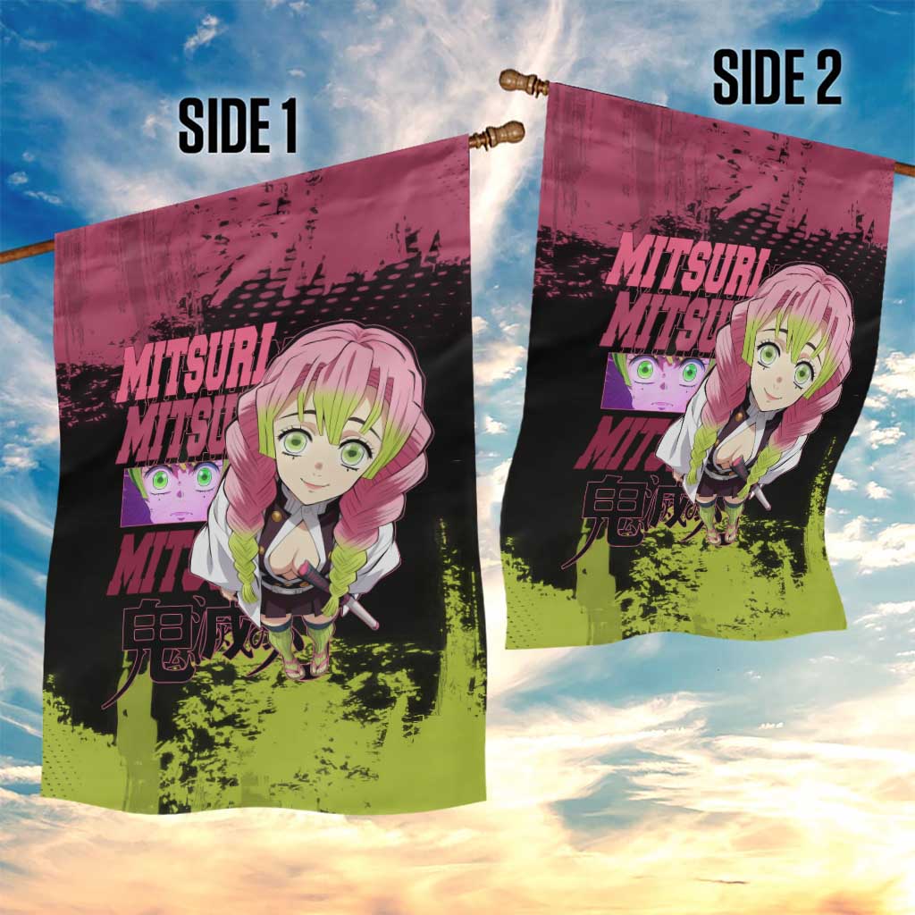 Mitsuri Kanroji Demon Slayer Pink and Green Grunge Design Garden Flag with Heart Eyes and Playful Pose - The Mazicc