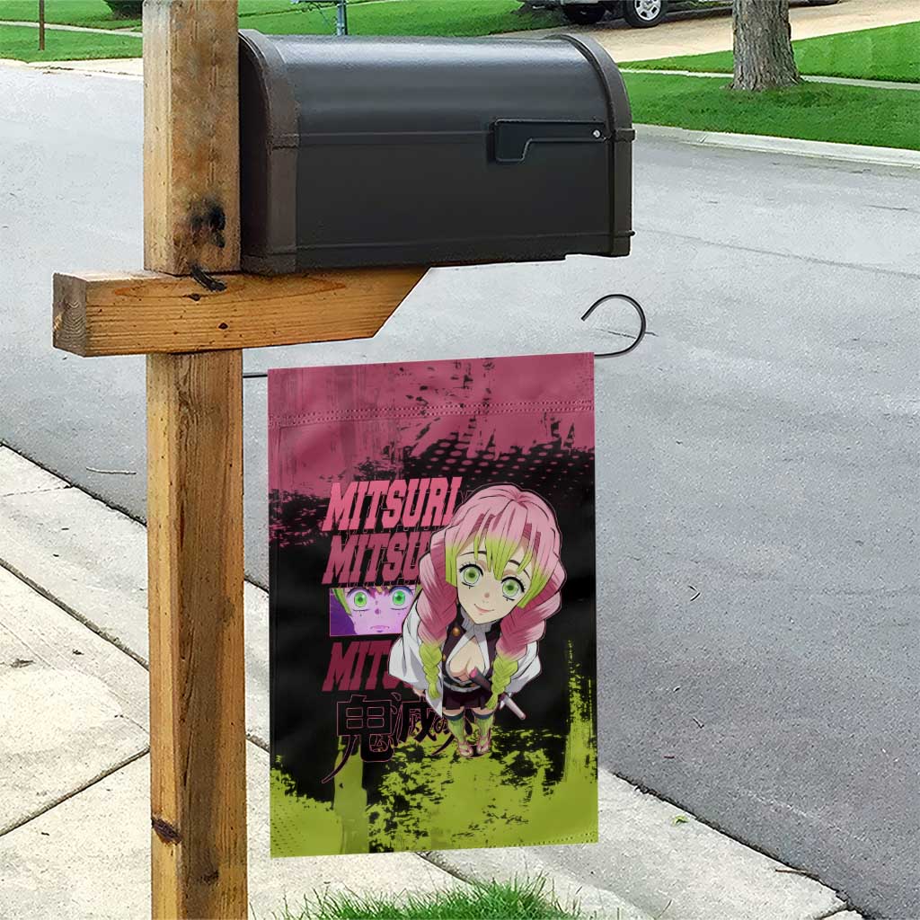 Mitsuri Kanroji Demon Slayer Pink and Green Grunge Design Garden Flag with Heart Eyes and Playful Pose - The Mazicc