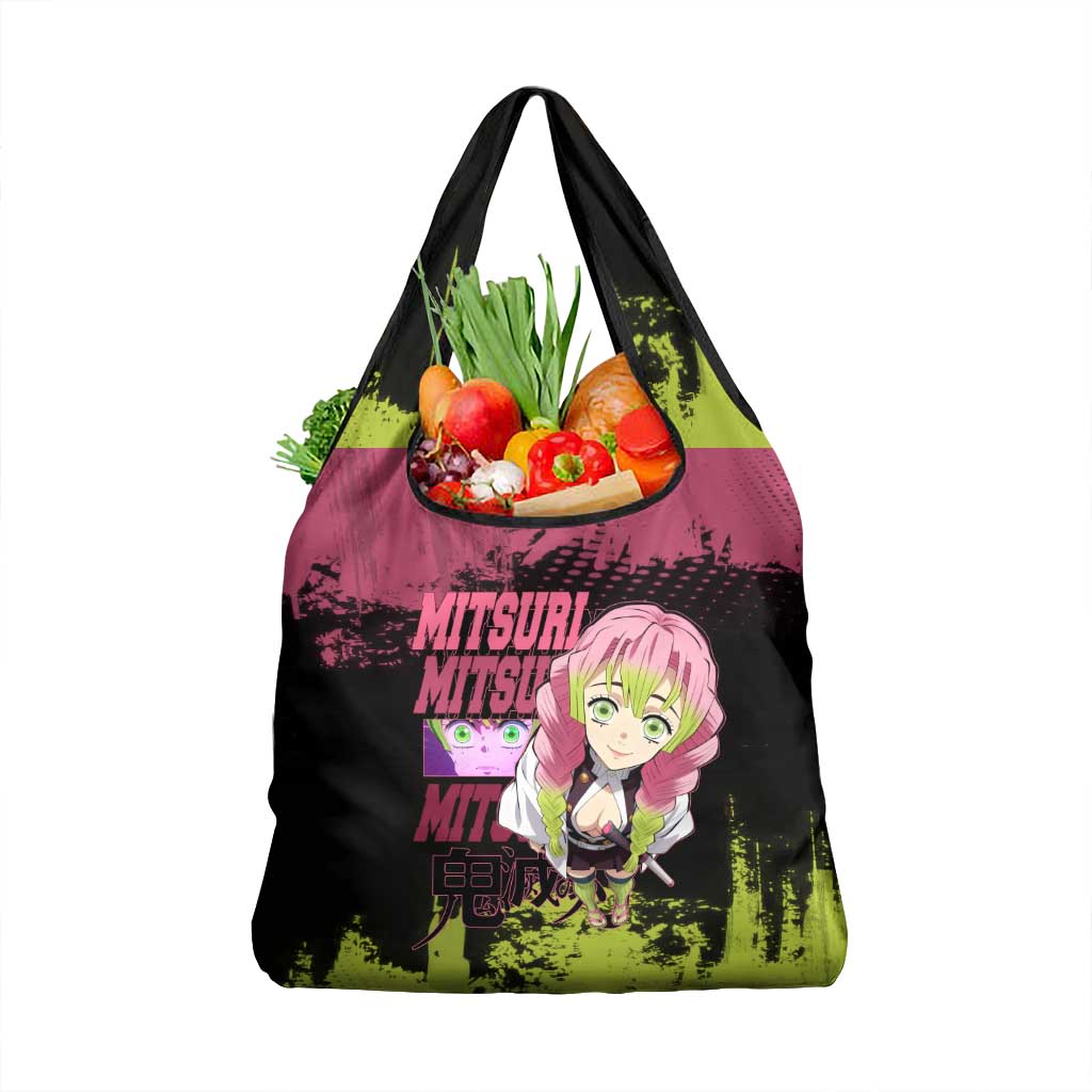Mitsuri Kanroji Demon Slayer Pink and Green Grunge Design Grocery Bag with Heart Eyes and Playful Pose - The Mazicc