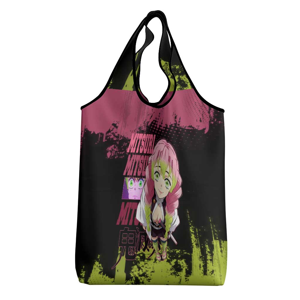 Mitsuri Kanroji Demon Slayer Pink and Green Grunge Design Grocery Bag with Heart Eyes and Playful Pose - The Mazicc