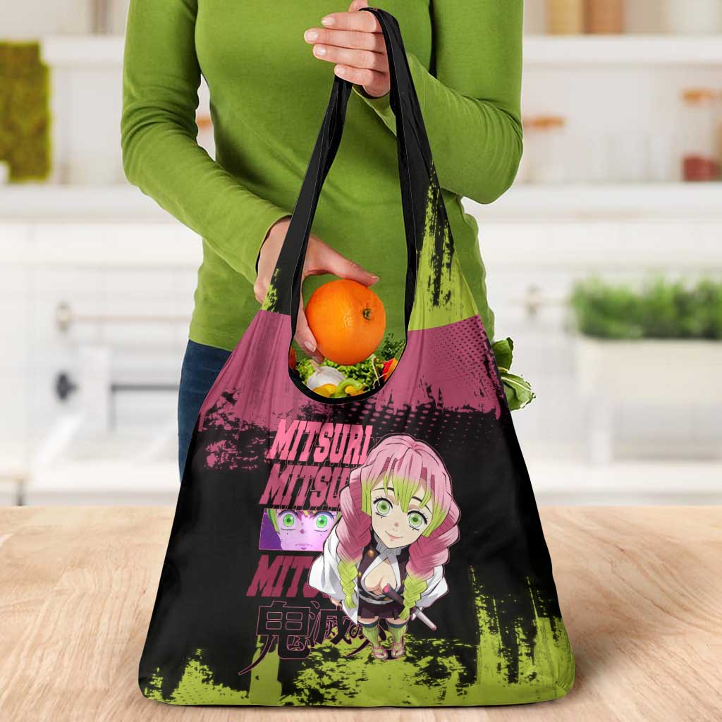 Mitsuri Kanroji Demon Slayer Pink and Green Grunge Design Grocery Bag with Heart Eyes and Playful Pose - The Mazicc