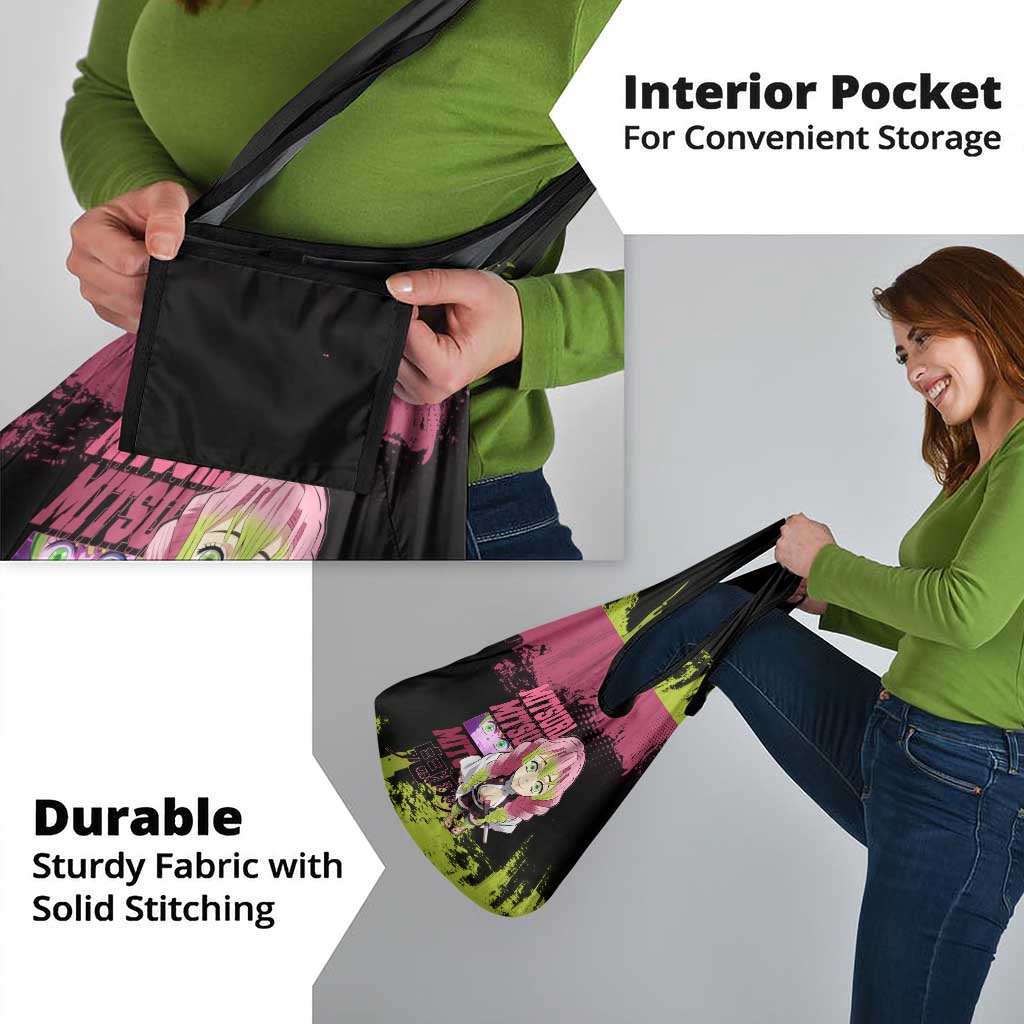 Mitsuri Kanroji Demon Slayer Pink and Green Grunge Design Grocery Bag with Heart Eyes and Playful Pose - The Mazicc