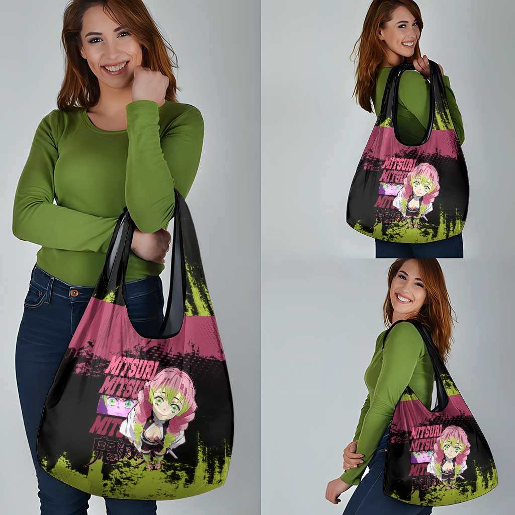 Mitsuri Kanroji Demon Slayer Pink and Green Grunge Design Grocery Bag with Heart Eyes and Playful Pose - The Mazicc