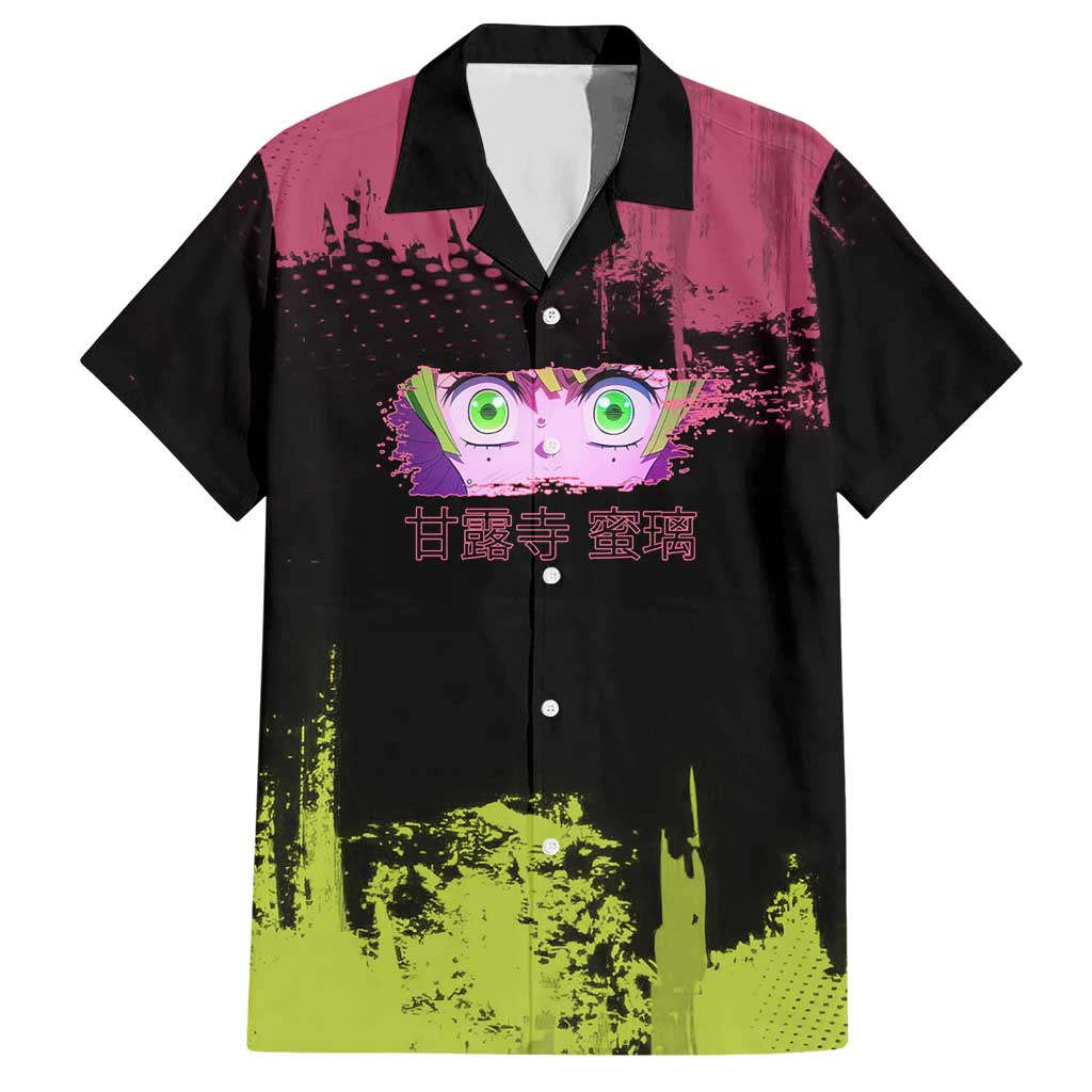 Mitsuri Kanroji Demon Slayer Pink and Green Grunge Design Hawaiian Shirt with Heart Eyes and Playful Pose - The Mazicc