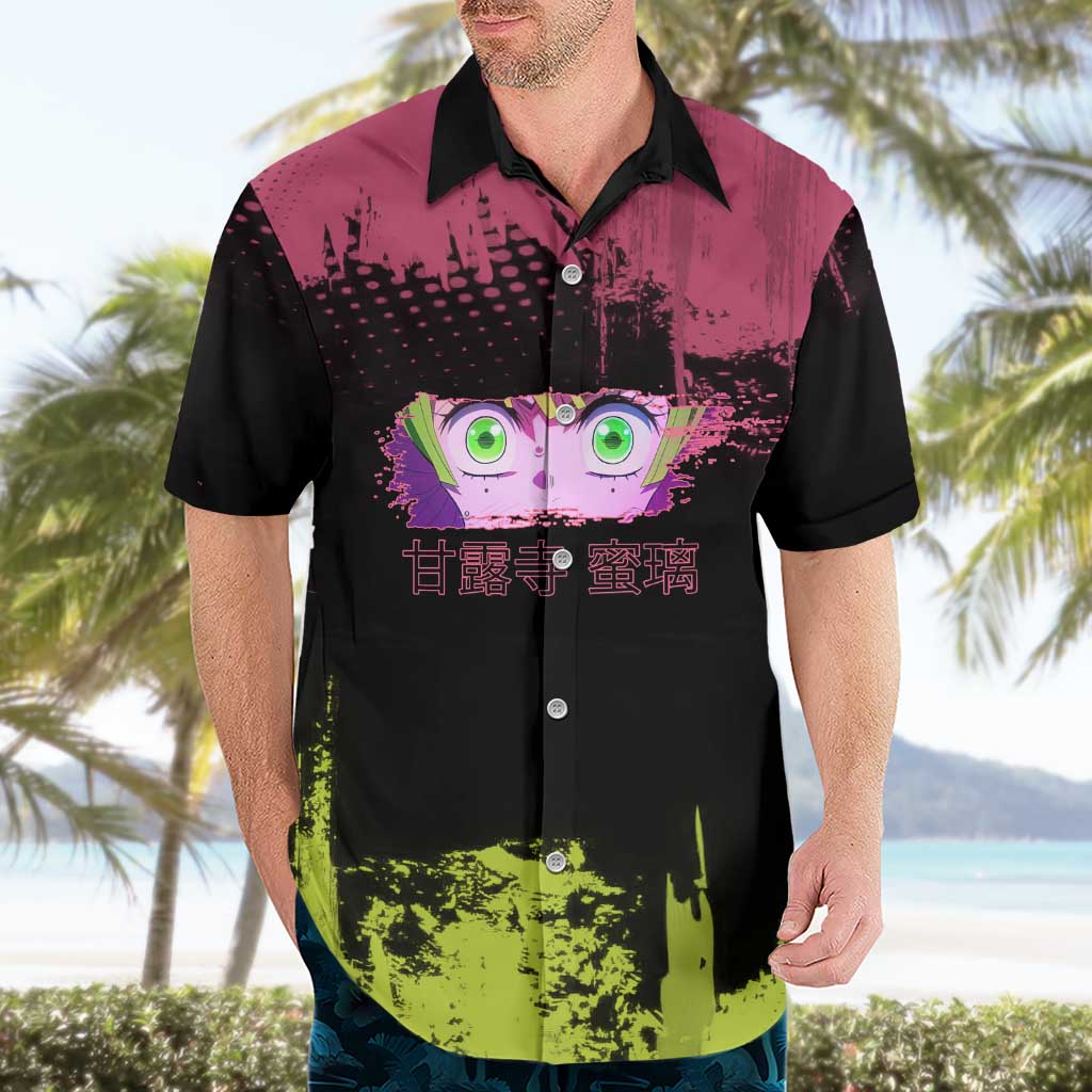 Mitsuri Kanroji Demon Slayer Pink and Green Grunge Design Hawaiian Shirt with Heart Eyes and Playful Pose - The Mazicc