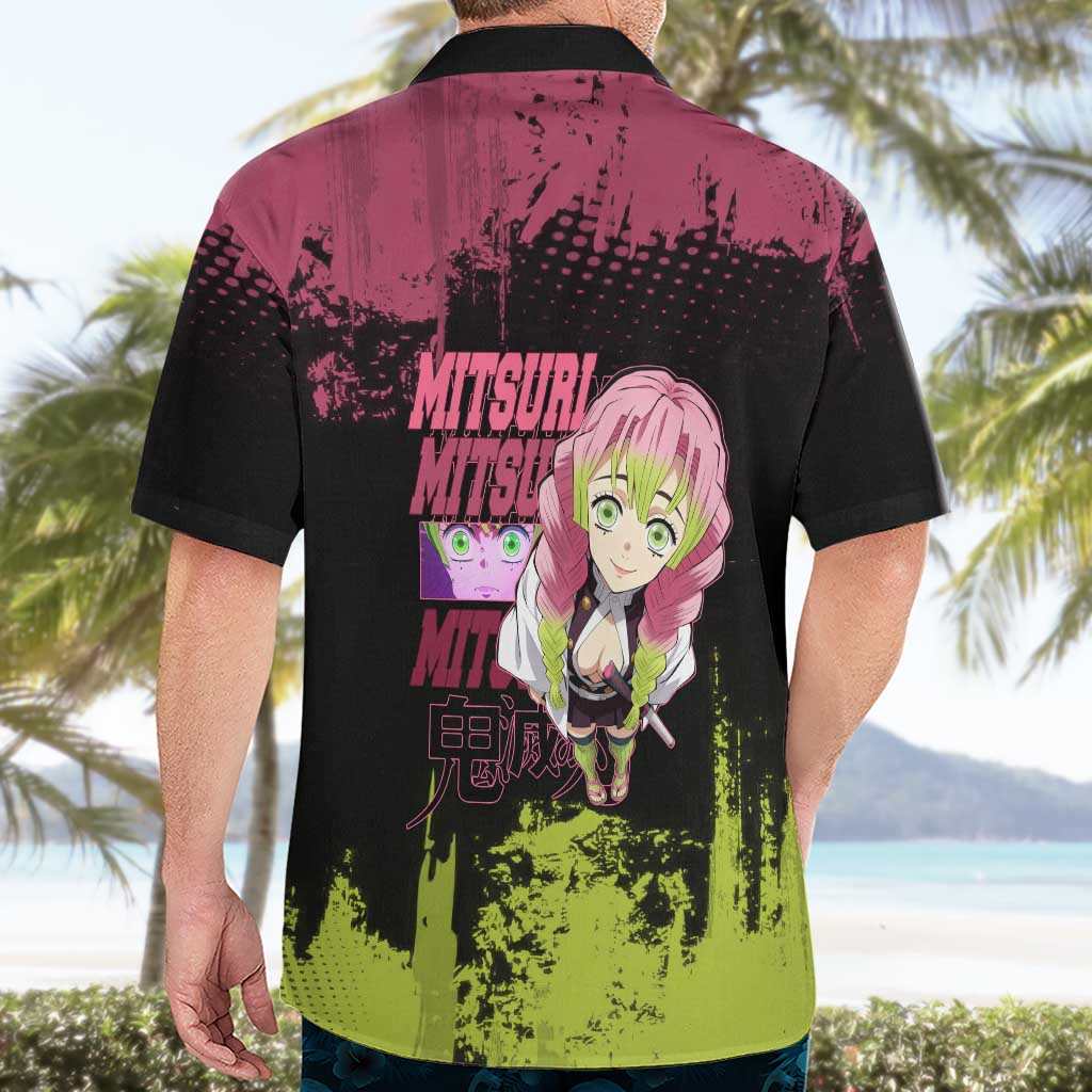 Mitsuri Kanroji Demon Slayer Pink and Green Grunge Design Hawaiian Shirt with Heart Eyes and Playful Pose - The Mazicc