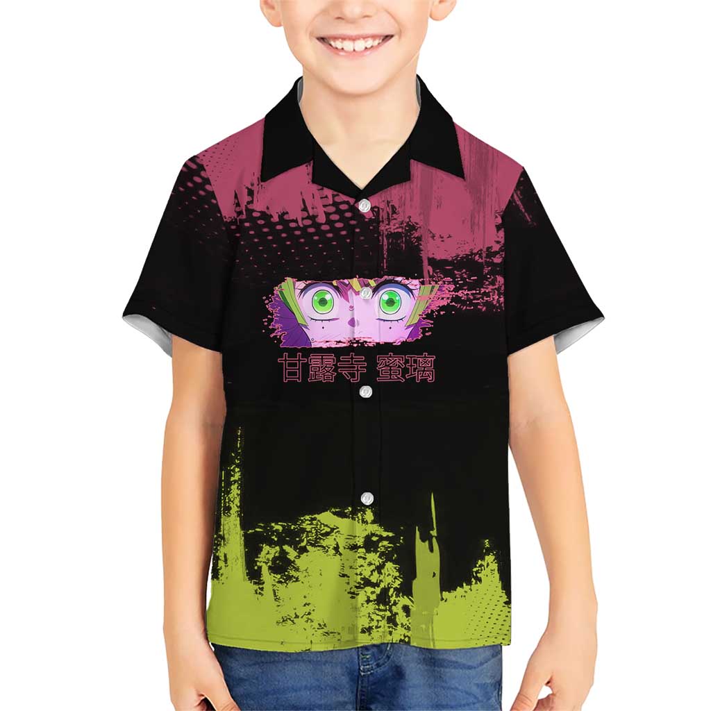 Mitsuri Kanroji Demon Slayer Pink and Green Grunge Design Hawaiian Shirt with Heart Eyes and Playful Pose - The Mazicc