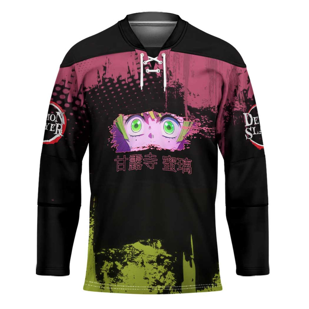 Mitsuri Kanroji Demon Slayer Pink and Green Grunge Design Hockey Jersey with Heart Eyes and Playful Pose - The Mazicc