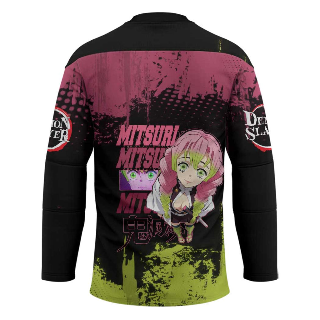 Mitsuri Kanroji Demon Slayer Pink and Green Grunge Design Hockey Jersey with Heart Eyes and Playful Pose - The Mazicc