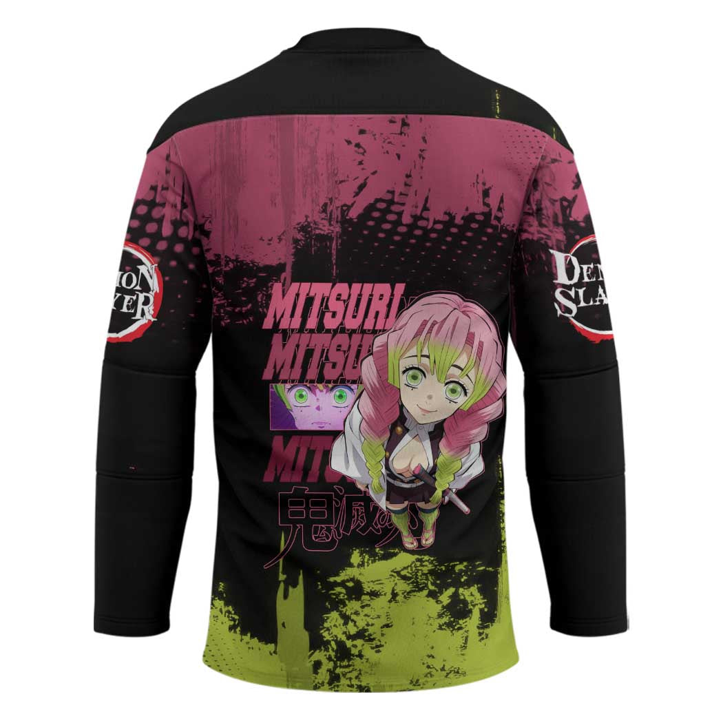 Mitsuri Kanroji Demon Slayer Pink and Green Grunge Design Hockey Jersey with Heart Eyes and Playful Pose - The Mazicc