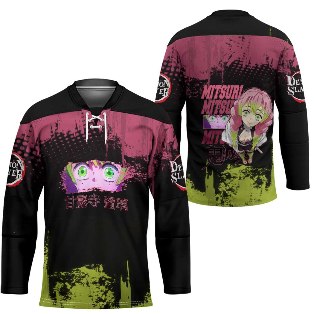 Mitsuri Kanroji Demon Slayer Pink and Green Grunge Design Hockey Jersey with Heart Eyes and Playful Pose - The Mazicc