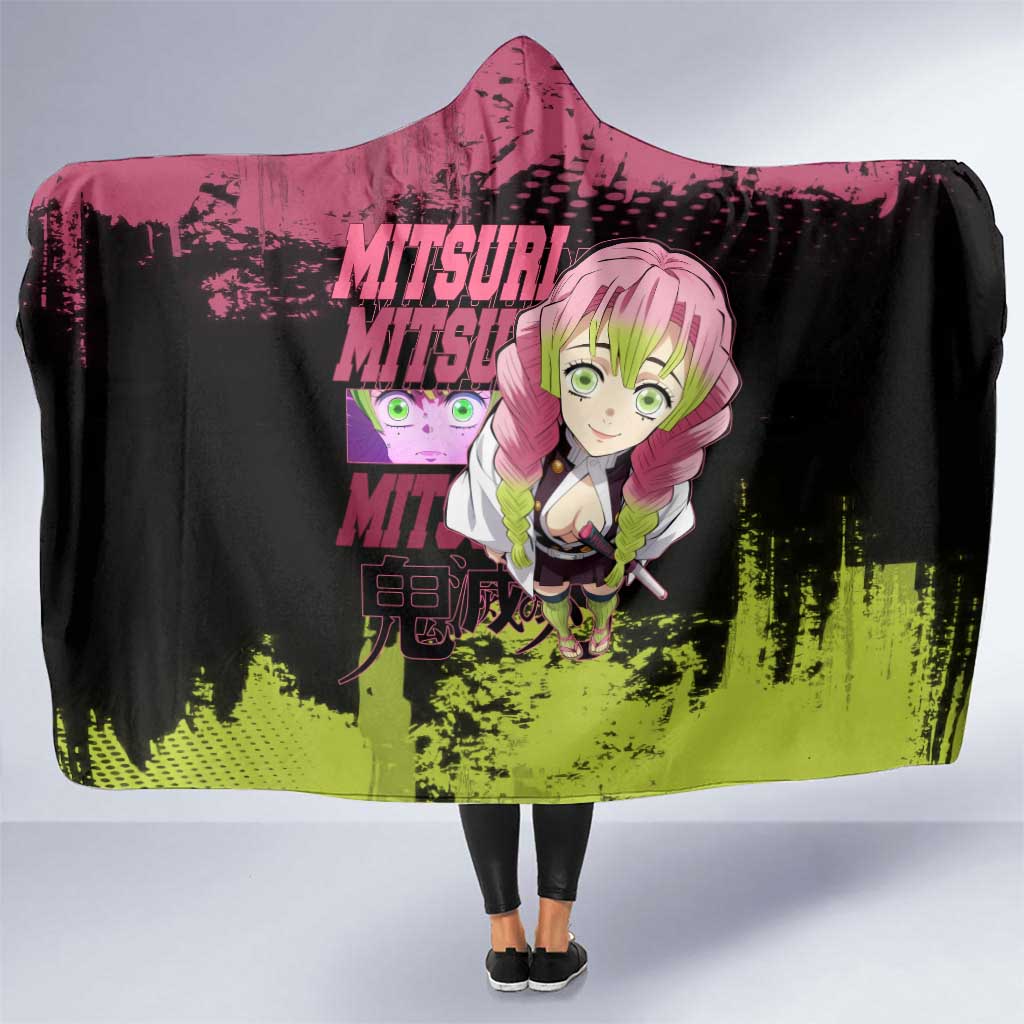 Mitsuri Kanroji Demon Slayer Pink and Green Grunge Design Hooded Blanket with Heart Eyes and Playful Pose - The Mazicc