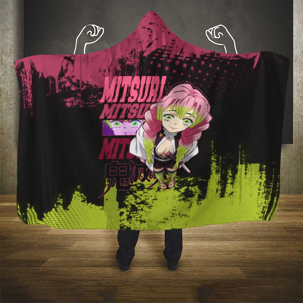 Mitsuri Kanroji Demon Slayer Pink and Green Grunge Design Hooded Blanket with Heart Eyes and Playful Pose - The Mazicc