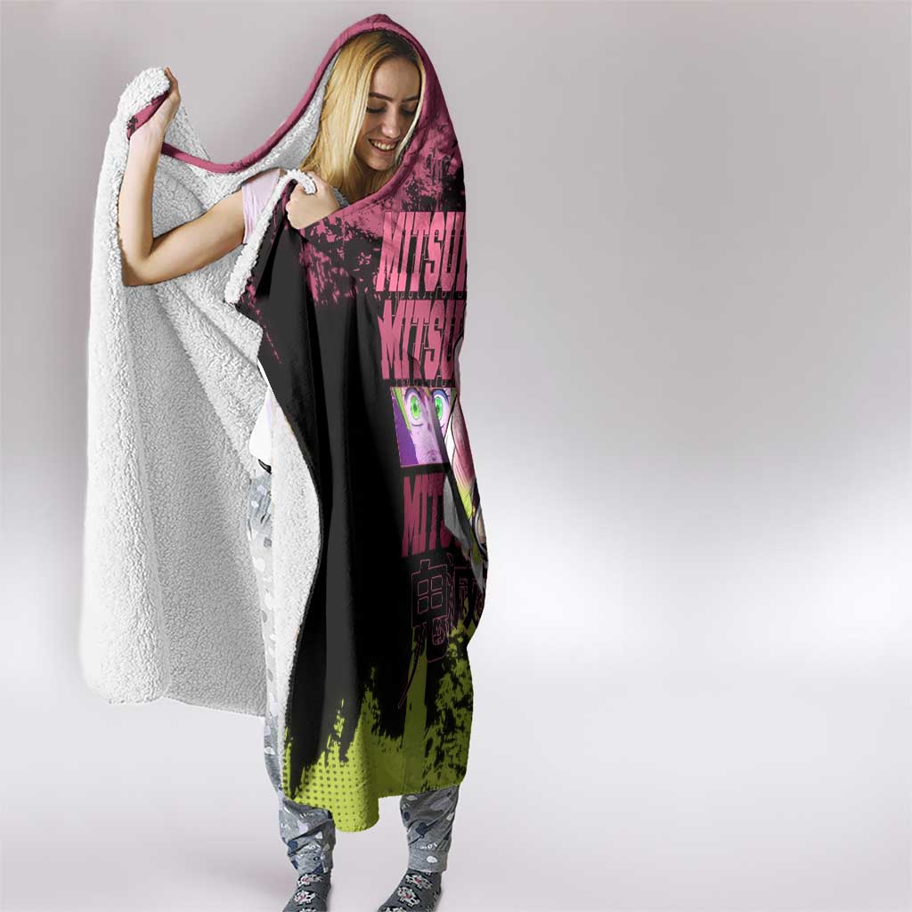 Mitsuri Kanroji Demon Slayer Pink and Green Grunge Design Hooded Blanket with Heart Eyes and Playful Pose - The Mazicc
