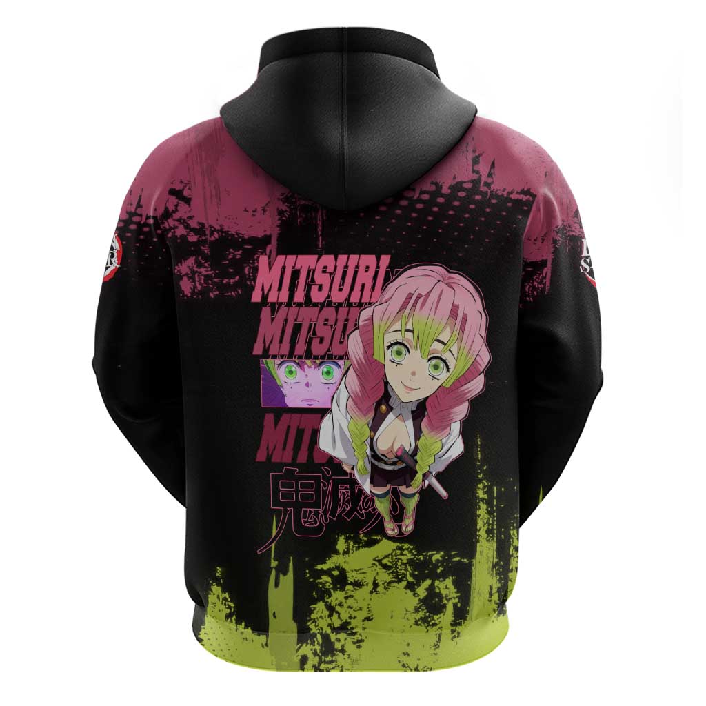 Mitsuri Kanroji Demon Slayer Pink and Green Grunge Design Hoodie with Heart Eyes and Playful Pose - The Mazicc