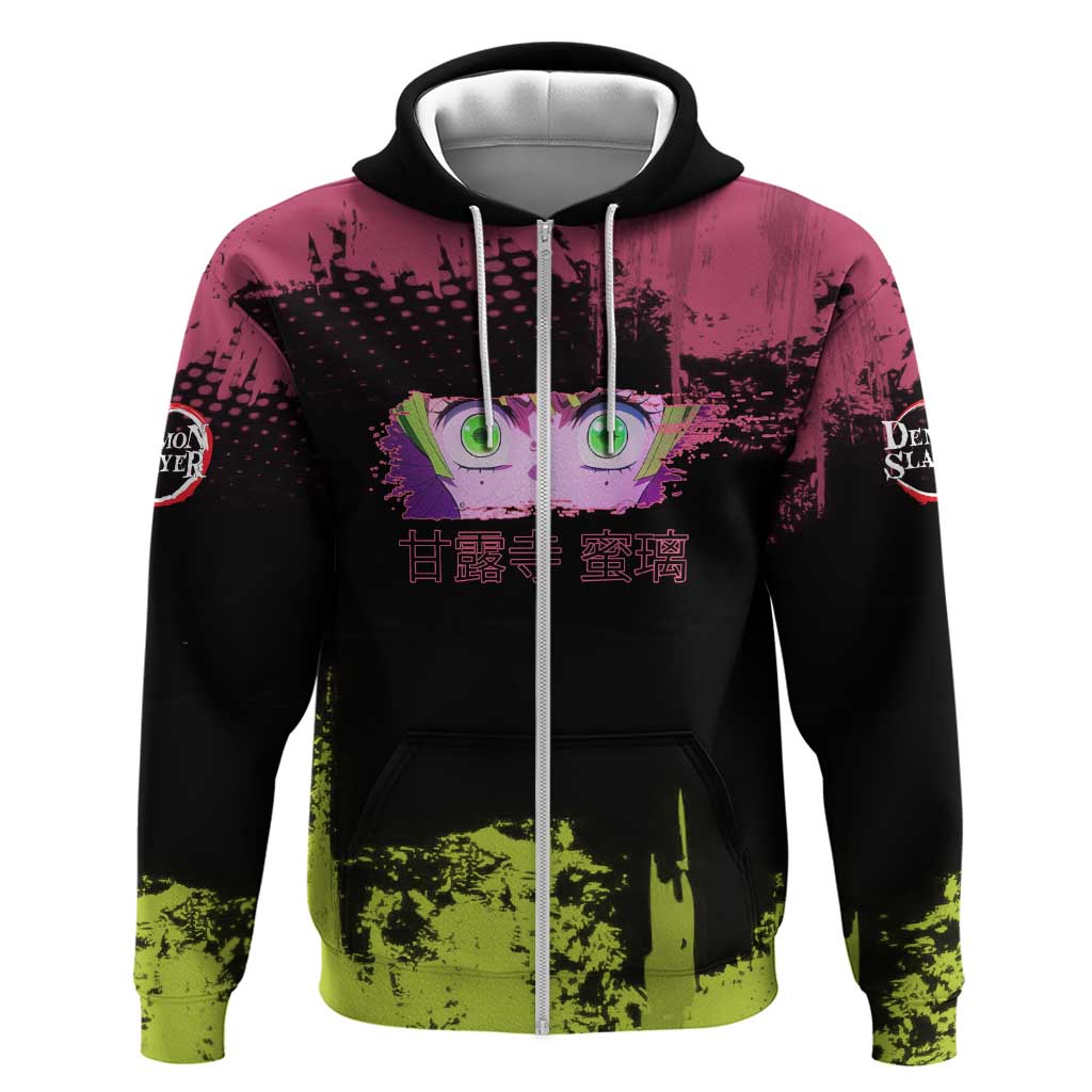Mitsuri Kanroji Demon Slayer Pink and Green Grunge Design Hoodie with Heart Eyes and Playful Pose - The Mazicc