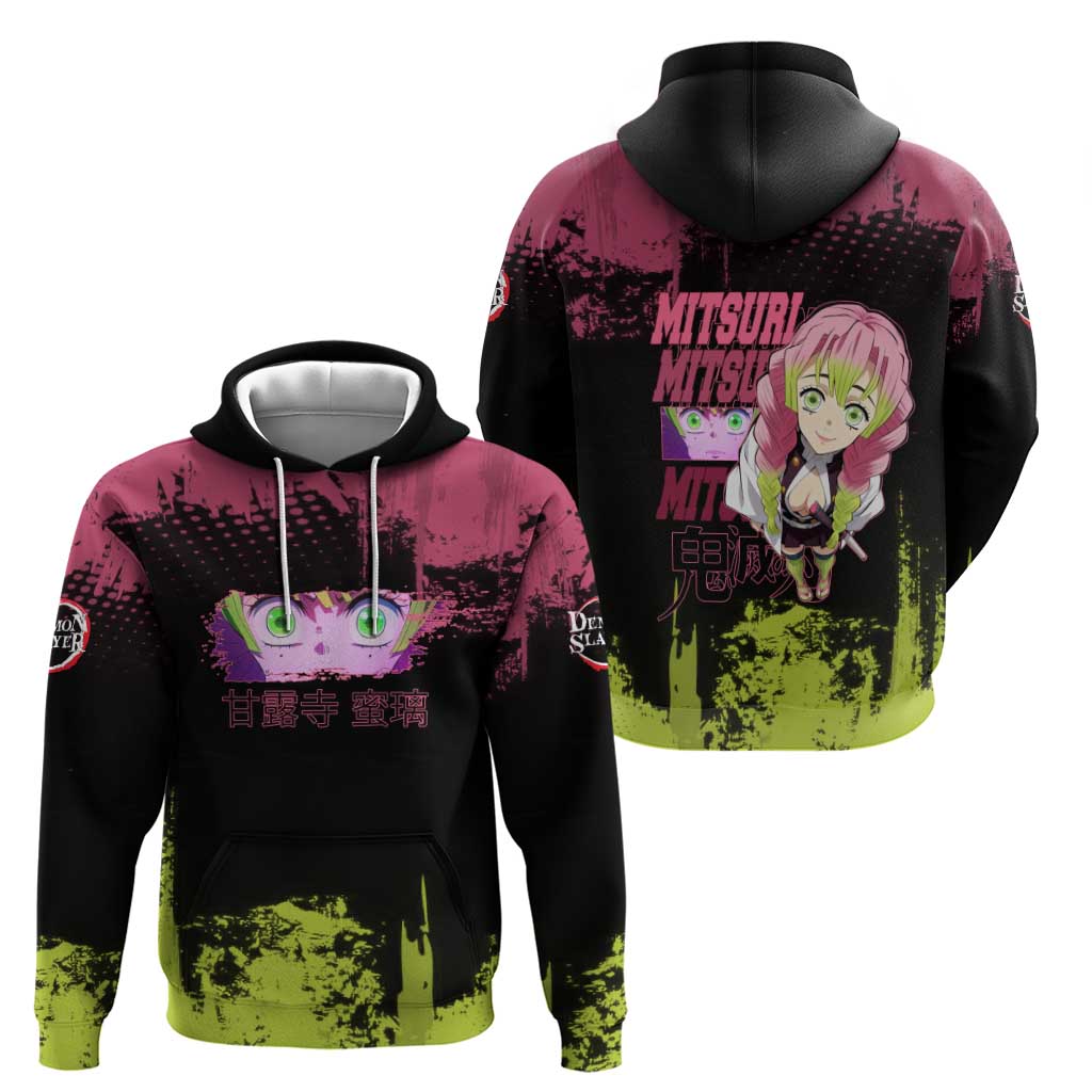 Mitsuri Kanroji Demon Slayer Pink and Green Grunge Design Hoodie with Heart Eyes and Playful Pose - The Mazicc