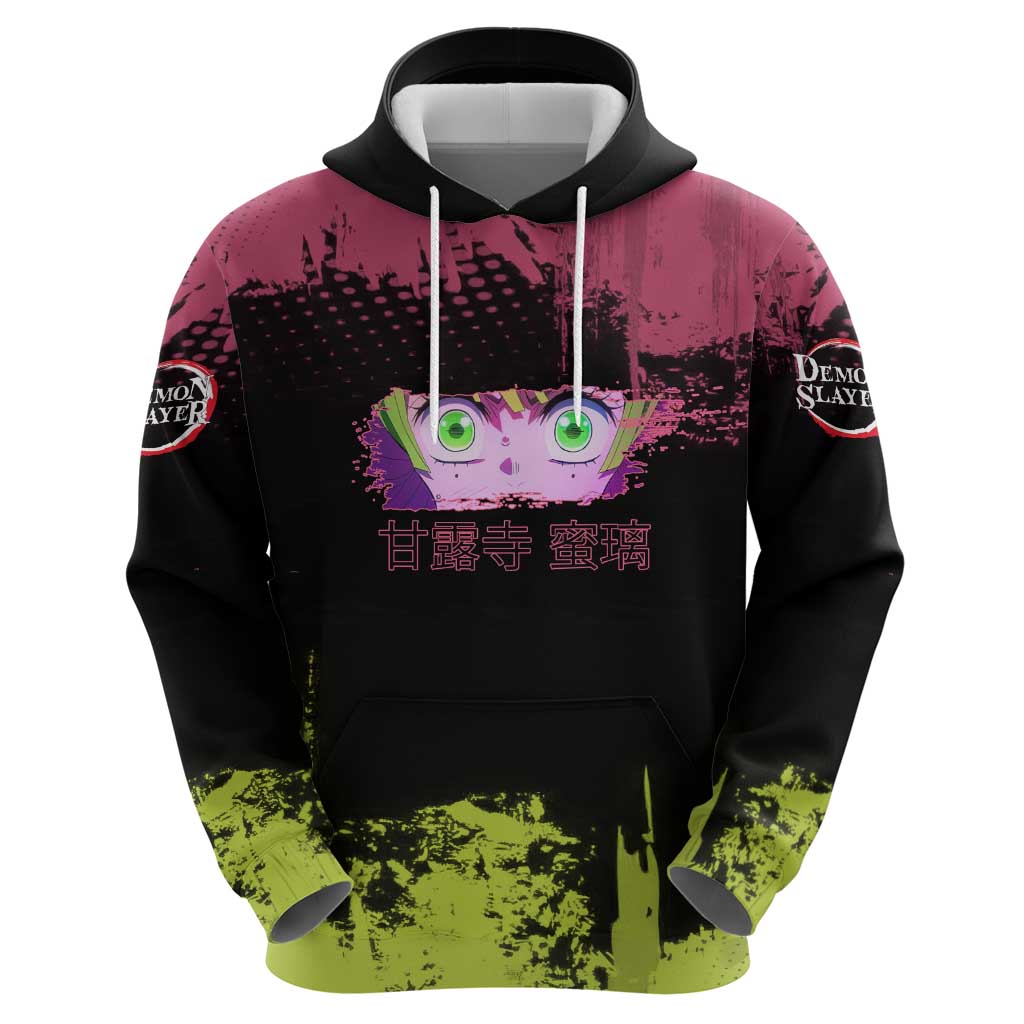 Mitsuri Kanroji Demon Slayer Pink and Green Grunge Design Hoodie with Heart Eyes and Playful Pose - The Mazicc