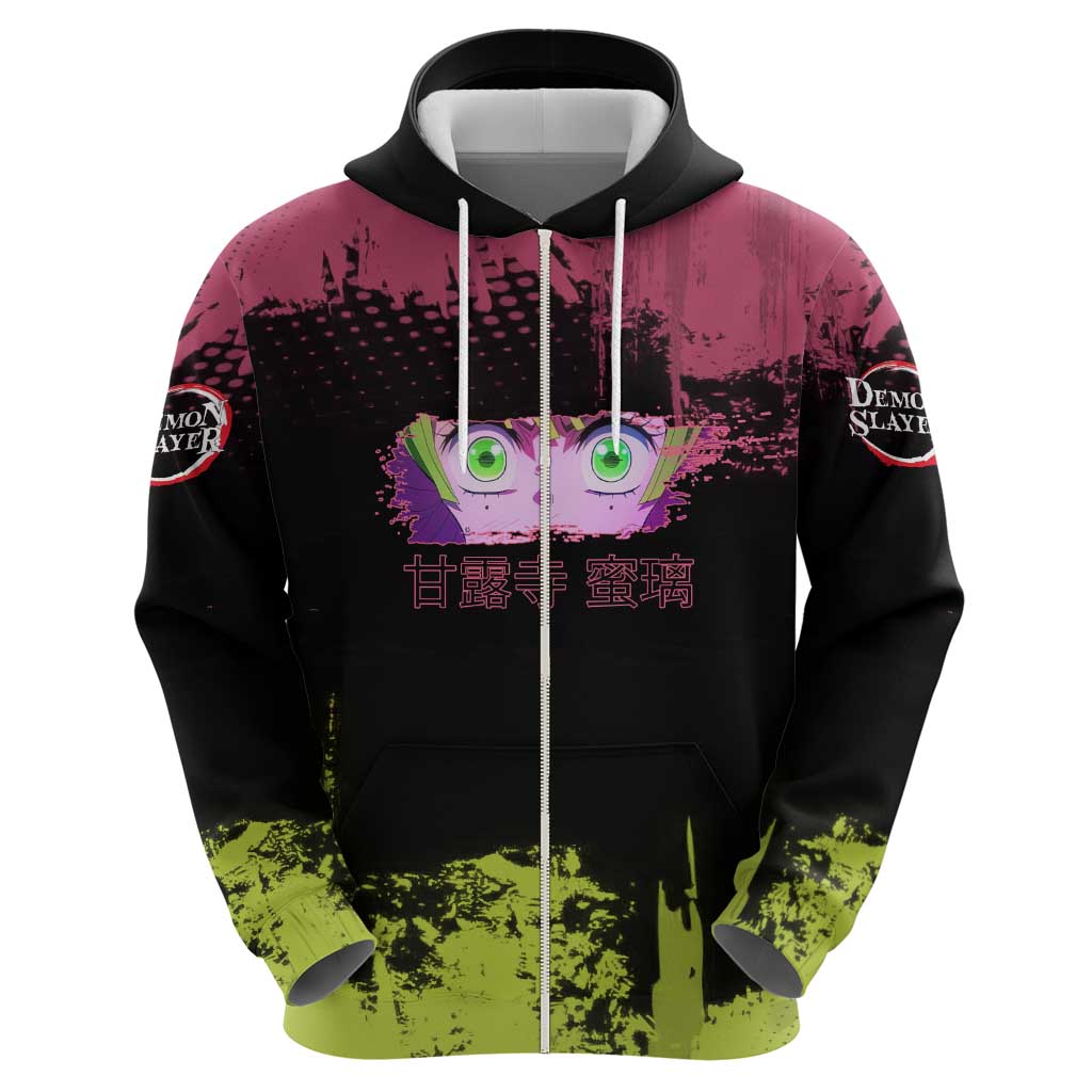 Mitsuri Kanroji Demon Slayer Pink and Green Grunge Design Hoodie with Heart Eyes and Playful Pose - The Mazicc