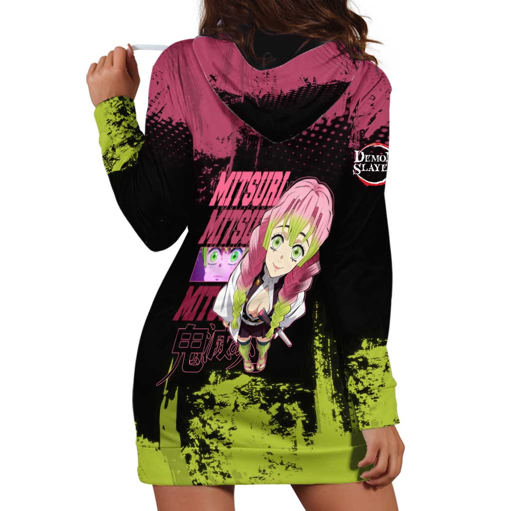 Mitsuri Kanroji Demon Slayer Pink and Green Grunge Design Hoodie Dress with Heart Eyes and Playful Pose - The Mazicc