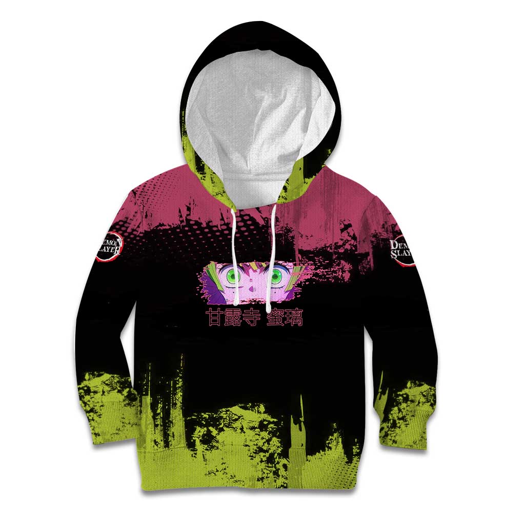 Mitsuri Kanroji Demon Slayer Pink and Green Grunge Design Kid Hoodie with Heart Eyes and Playful Pose - The Mazicc