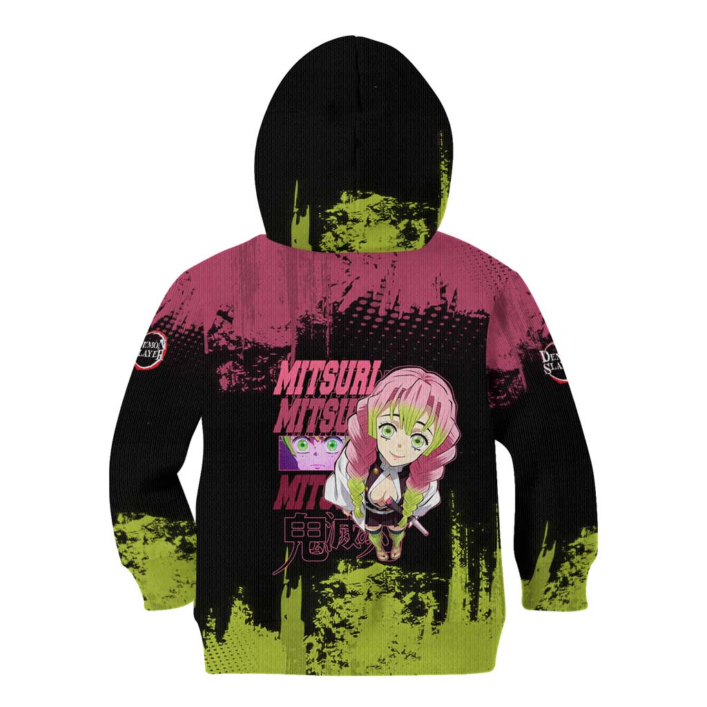 Mitsuri Kanroji Demon Slayer Pink and Green Grunge Design Kid Hoodie with Heart Eyes and Playful Pose - The Mazicc