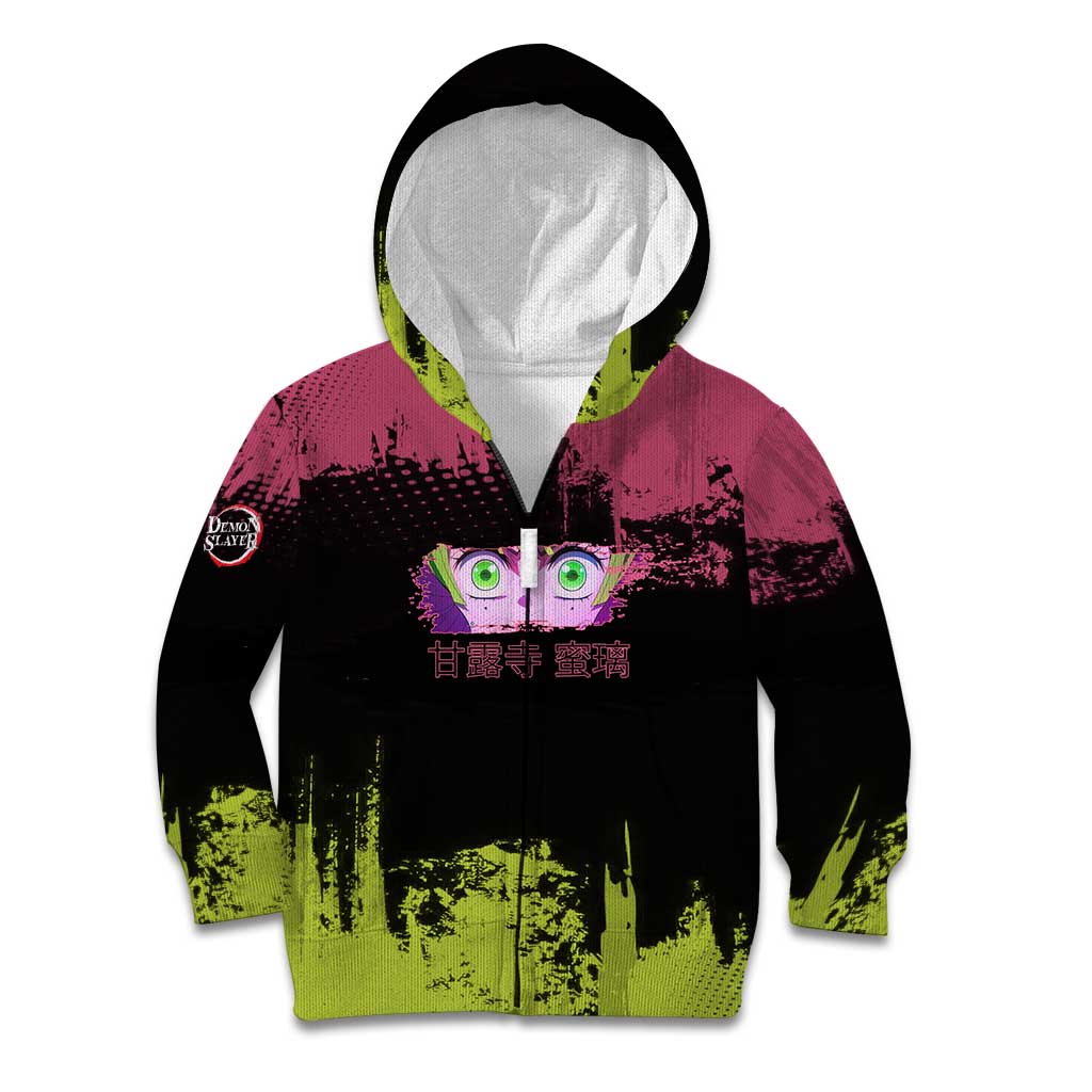 Mitsuri Kanroji Demon Slayer Pink and Green Grunge Design Kid Hoodie with Heart Eyes and Playful Pose - The Mazicc