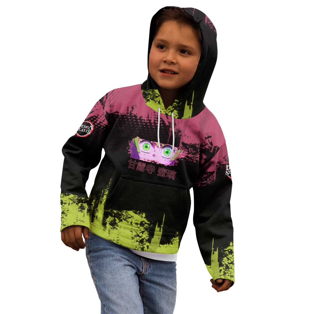 Mitsuri Kanroji Demon Slayer Pink and Green Grunge Design Kid Hoodie with Heart Eyes and Playful Pose - The Mazicc