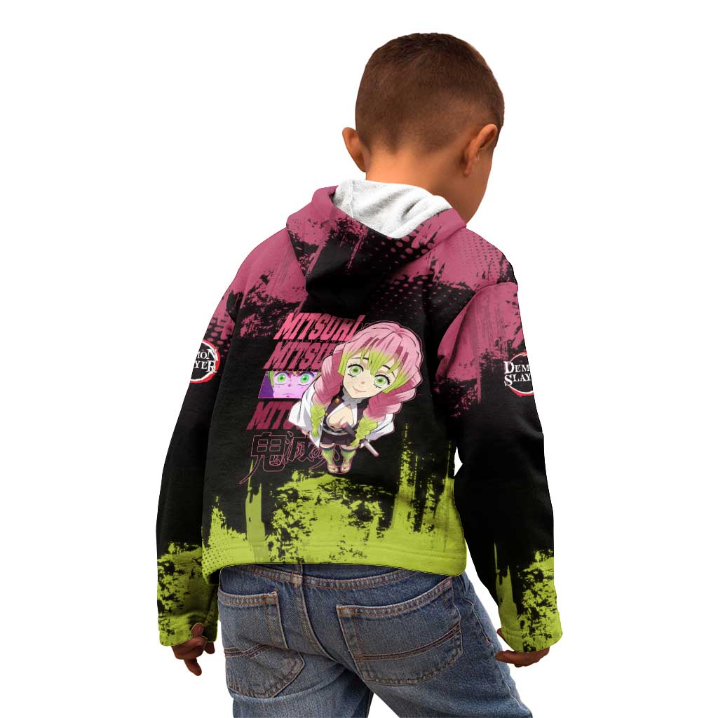 Mitsuri Kanroji Demon Slayer Pink and Green Grunge Design Kid Hoodie with Heart Eyes and Playful Pose - The Mazicc