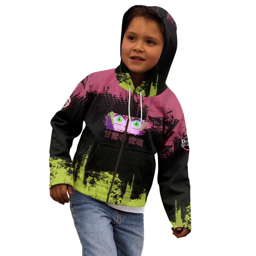 Mitsuri Kanroji Demon Slayer Pink and Green Grunge Design Kid Hoodie with Heart Eyes and Playful Pose - The Mazicc