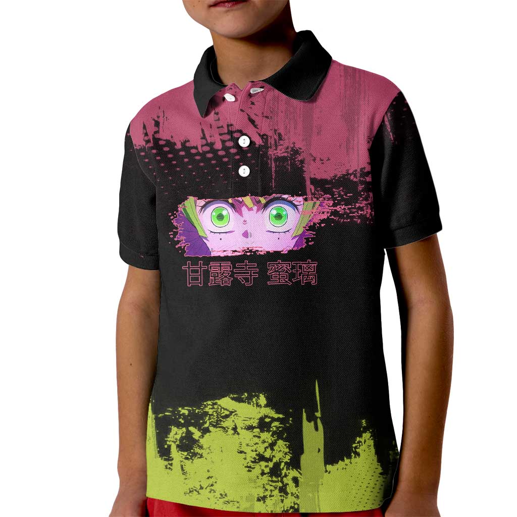 Mitsuri Kanroji Demon Slayer Pink and Green Grunge Design Kid Polo Shirt with Heart Eyes and Playful Pose - The Mazicc