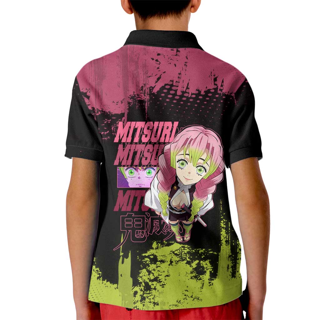 Mitsuri Kanroji Demon Slayer Pink and Green Grunge Design Kid Polo Shirt with Heart Eyes and Playful Pose - The Mazicc