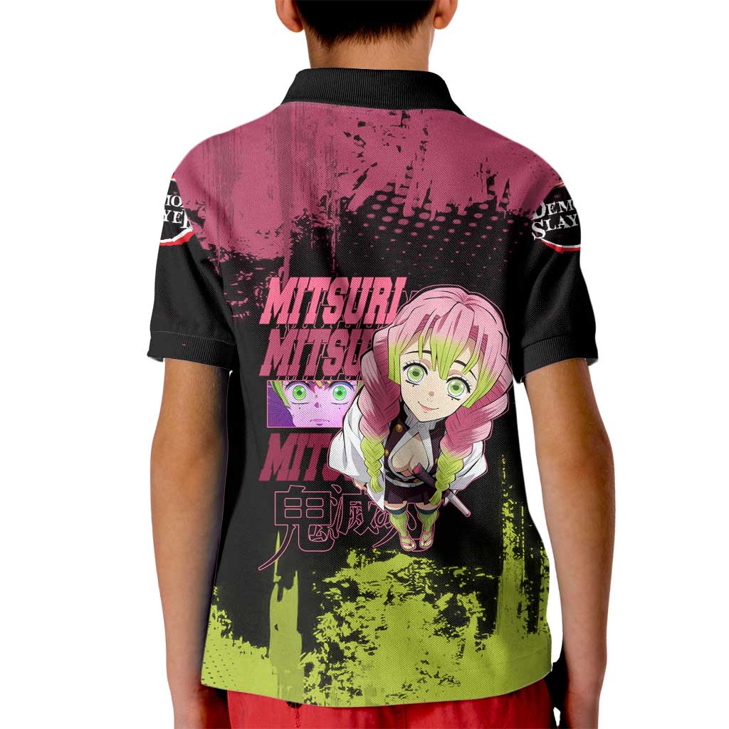 Mitsuri Kanroji Demon Slayer Pink and Green Grunge Design Kid Polo Shirt with Heart Eyes and Playful Pose - The Mazicc