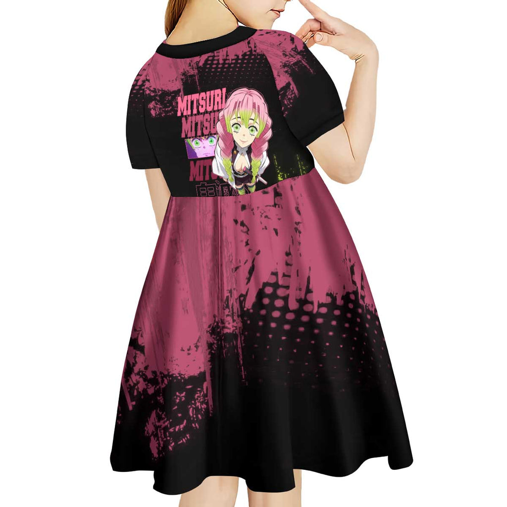 Mitsuri Kanroji Demon Slayer Pink and Green Grunge Design Kid Short Sleeve Dress with Heart Eyes and Playful Pose - The Mazicc