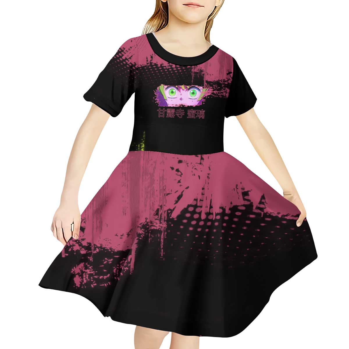Mitsuri Kanroji Demon Slayer Pink and Green Grunge Design Kid Short Sleeve Dress with Heart Eyes and Playful Pose - The Mazicc
