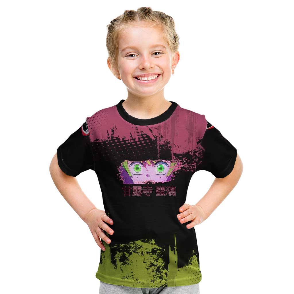 Mitsuri Kanroji Demon Slayer Pink and Green Grunge Design Kid T Shirt with Heart Eyes and Playful Pose - The Mazicc