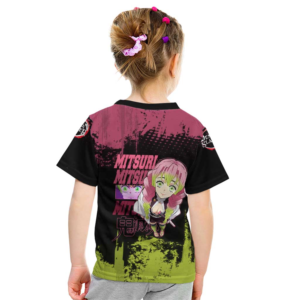Mitsuri Kanroji Demon Slayer Pink and Green Grunge Design Kid T Shirt with Heart Eyes and Playful Pose - The Mazicc