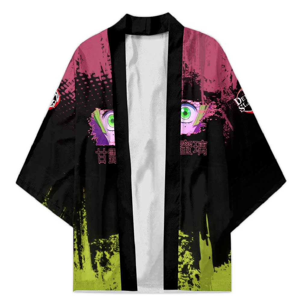 Mitsuri Kanroji Demon Slayer Pink and Green Grunge Design Kimono with Heart Eyes and Playful Pose - The Mazicc